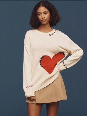 Maeve Anthropologie Crew-Neck Whipstitch Heart Icon Sweater size XS